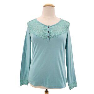 Aventura Womens XL Top Organic Cotton Crochet Lace Henley Tunic Blue Boho
